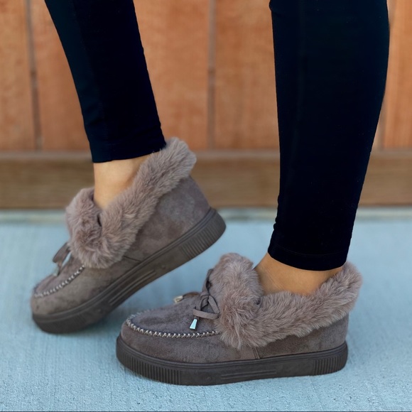 Taupe Fuzzy Slip-on Moccasin Slippers - Picture 3 of 11